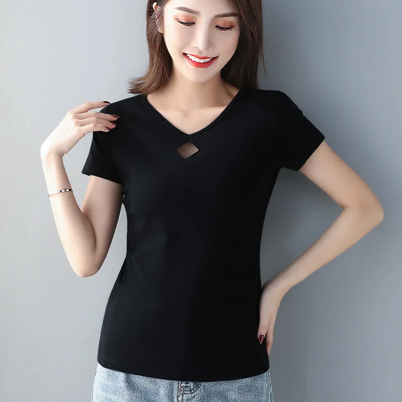 T-shirt à manches courtes en coton doux pour femme, col en v, couleur unie, vêtements d'été assortis