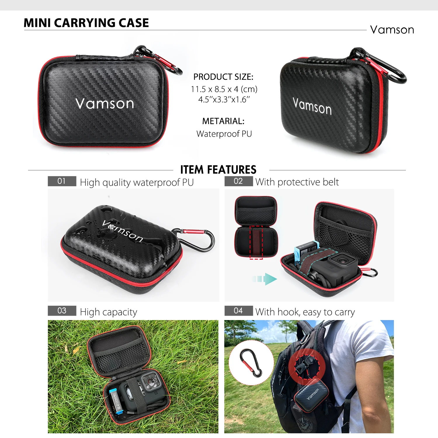 Vamson 렌즈 캡이 있는 실리콘 보호 커버, 고프로 히어로 12 11 10 9 용 블랙 배터리 사이드 케이스, 고프로 10 액세서리