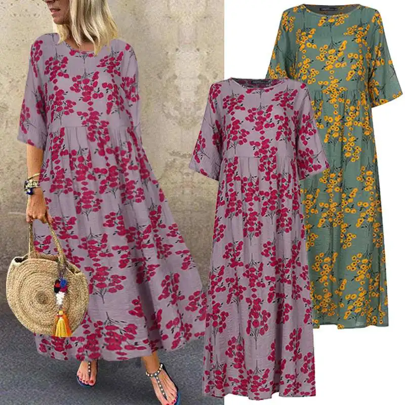 2023 ZANZEA Vintage Printed Maxi Dress Women\'s Sundress Autumn Half Sleeve Tunic Vestido Female Casual Floral Robe