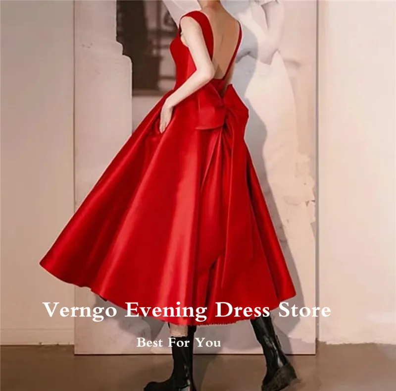 Verngo vermelho vestidos de formatura uma linha de cetim vestidos de festa de noite com arco grande laço até voltar chá comprimento vestido de baile com bolsos