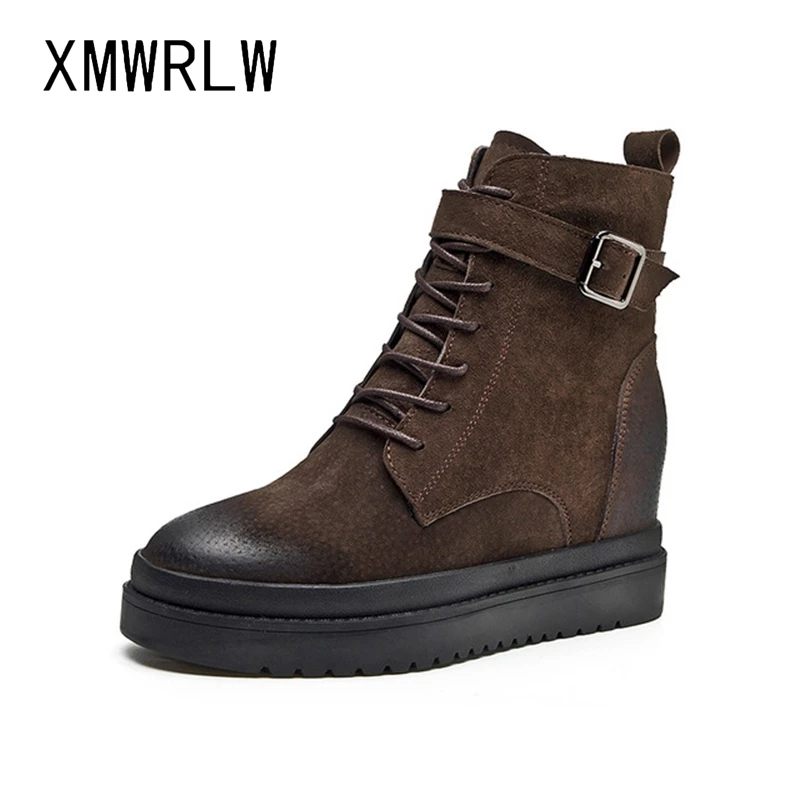 

XMWRLW Women's Winter Ankle Boots Genuine Leather Hidden Heel Boots For Women Buckle Autumn Shoes Ladies Ankle Boot Winter Shoes