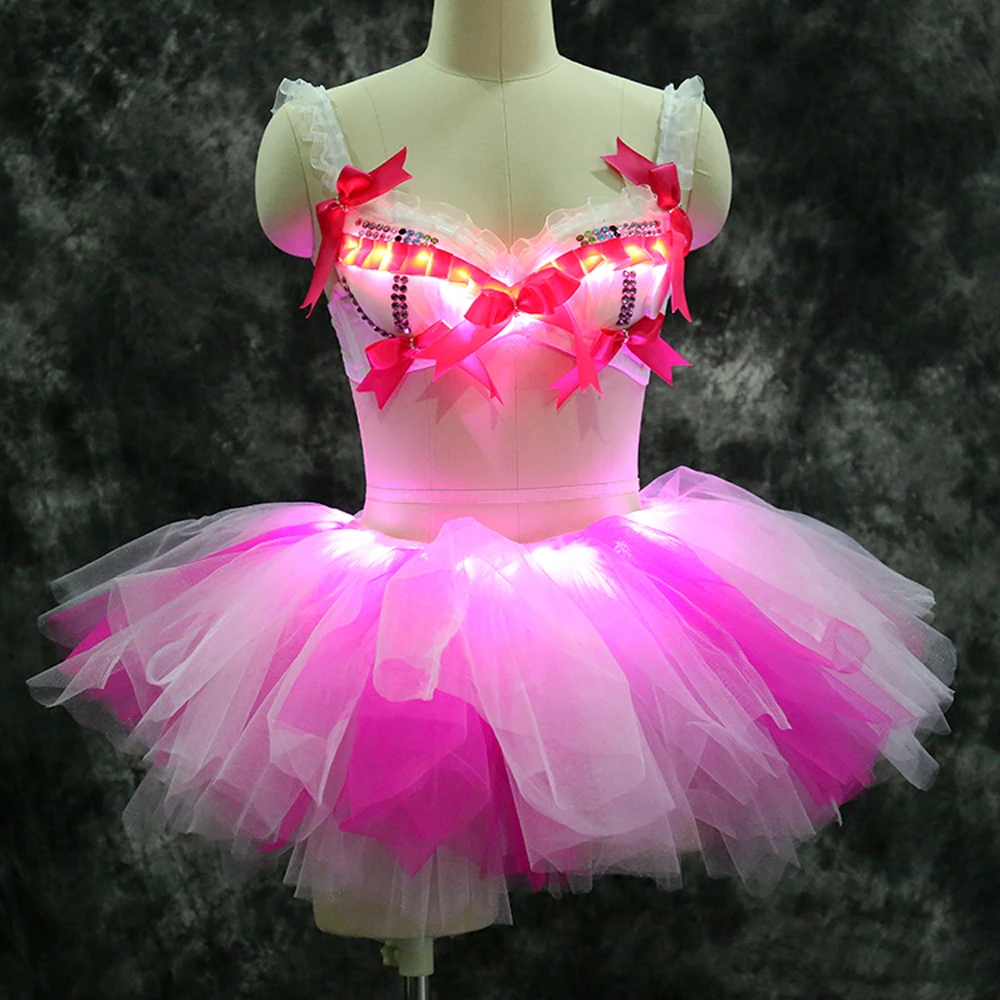 Sexy  girl bowknot rhinestone lace led bar luminous skirt electric tone tutu skirt bra tutu suit