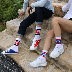 Korea ins Harajuku College wind letter socks Striped two bars English skateboard socks men and women Casual fashion socks