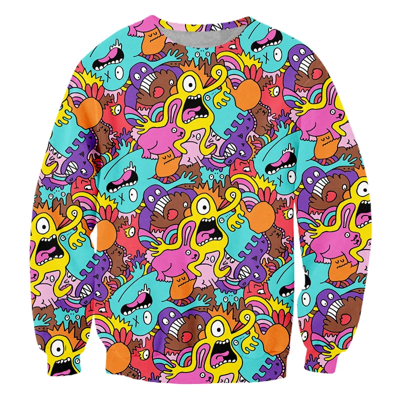 Psychedelic Graffiti Monster Men Streetwear 3D Pattern Hip Hop Autumn Spandex O-neck Oversize Couple Casual Men's Sweatshirt