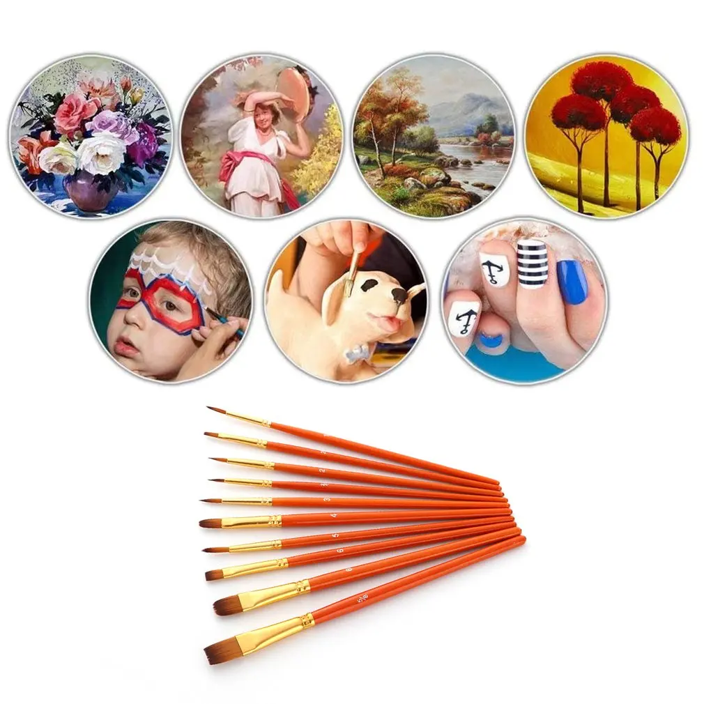 10 Buah/Set Kuas Cat Guas Cat Air Set Kuas Lukis Rambut Nilon Ujung Runcing Bulat Bentuk Berbeda Tanpa Kotak