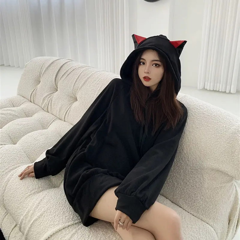 Houzhou orelhas de gato hoodie feminino preto kawaii manga longa outono inverno moletom com capuz gótico streetwear solto roupas casuais