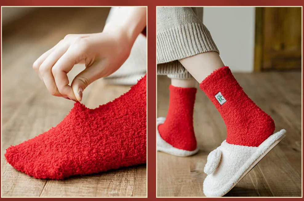 Coral fleece socks female mid-tube stockings pure cotton floor socks autumn and winter warm red socks