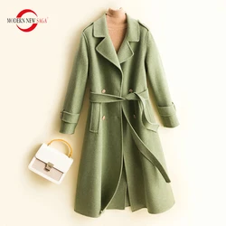 MODERN NEW SAGA 100% Wool Women Coat Autumn Wool Tweed Coat Winter Wool Long Coats Cashmere Overcoat Vintage Belt Oversized Coat