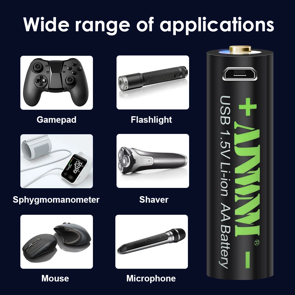 AJNWNM 1.5V batterie ricaricabili AAA agli ioni di litio USB 1100mWh batteria ricaricabile USB 1.5V AA 3000mWh con cavo USB