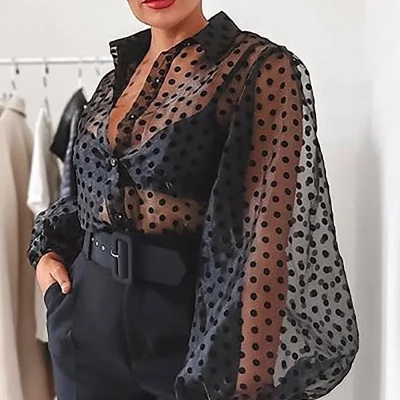 Fashion sexy Women Mesh Sheer See-through dot puff Sleeve Single breasted lapel Pearl Button Transparent T-Shirt office Blusas