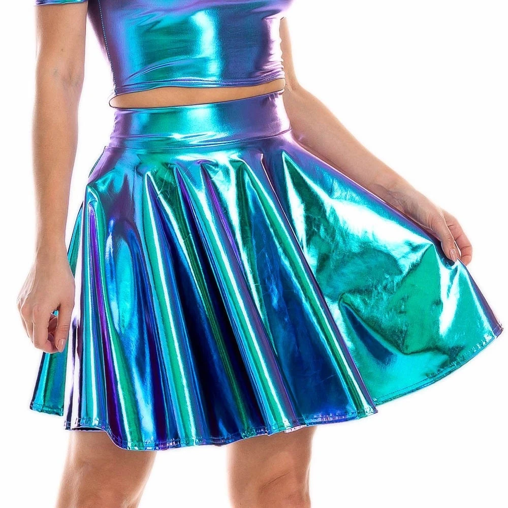 Japan Korea Summer Sexy Laser High Waist Metallic Pleated Skirt Mini PU Leather Skirt Club Party Dance Shiny Holographic Skirts