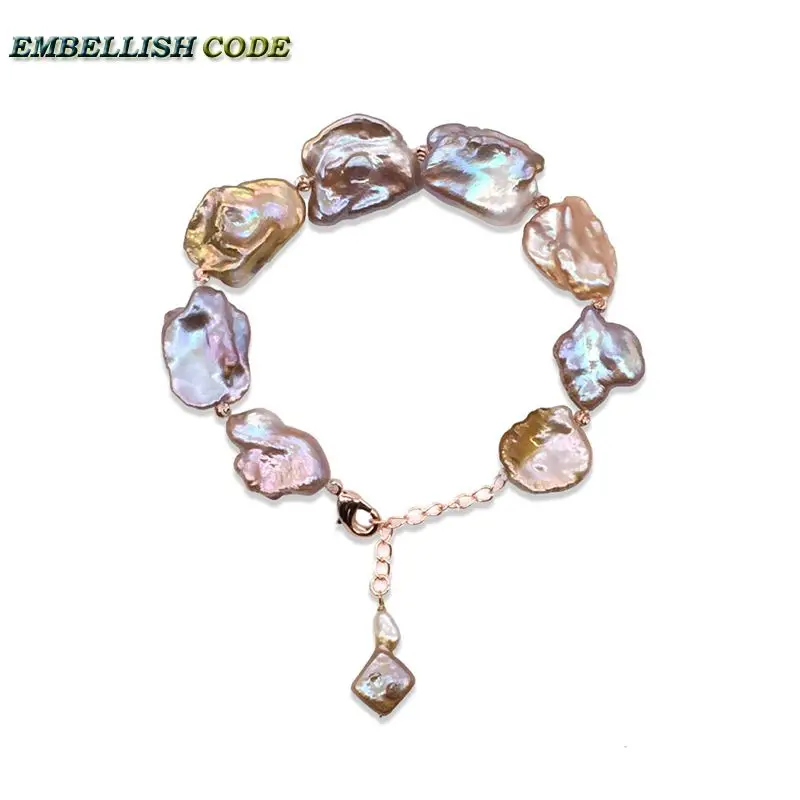 

High Class Decor Good Lustrous Baroque Keshi Style Pearls Bracelet Chain Peach Mixed Flat Irregular Shape Cultured Freshwater