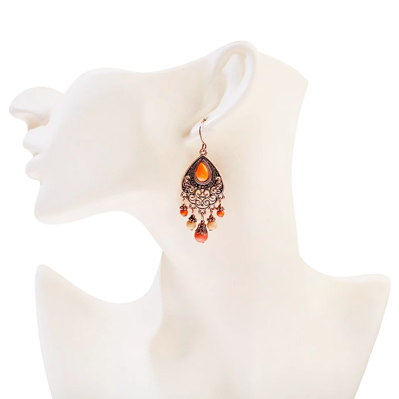 Bohemian Orange Beaded Tassel Drop Earrings Ethnic Carved Alloy For Women Vintage Stone Boho Ladies Earrings