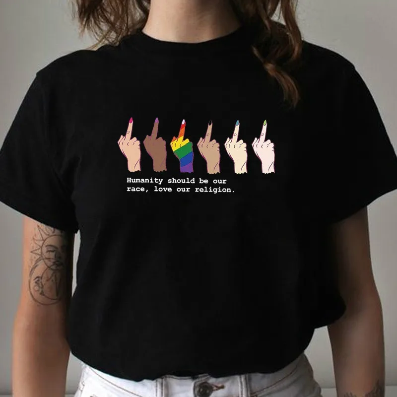 

Kuakuayu HJN Humanity Should Be Our Race Love Our Religion Against Racial Discrimination Style LGBT Middle Finger Printed TShirt