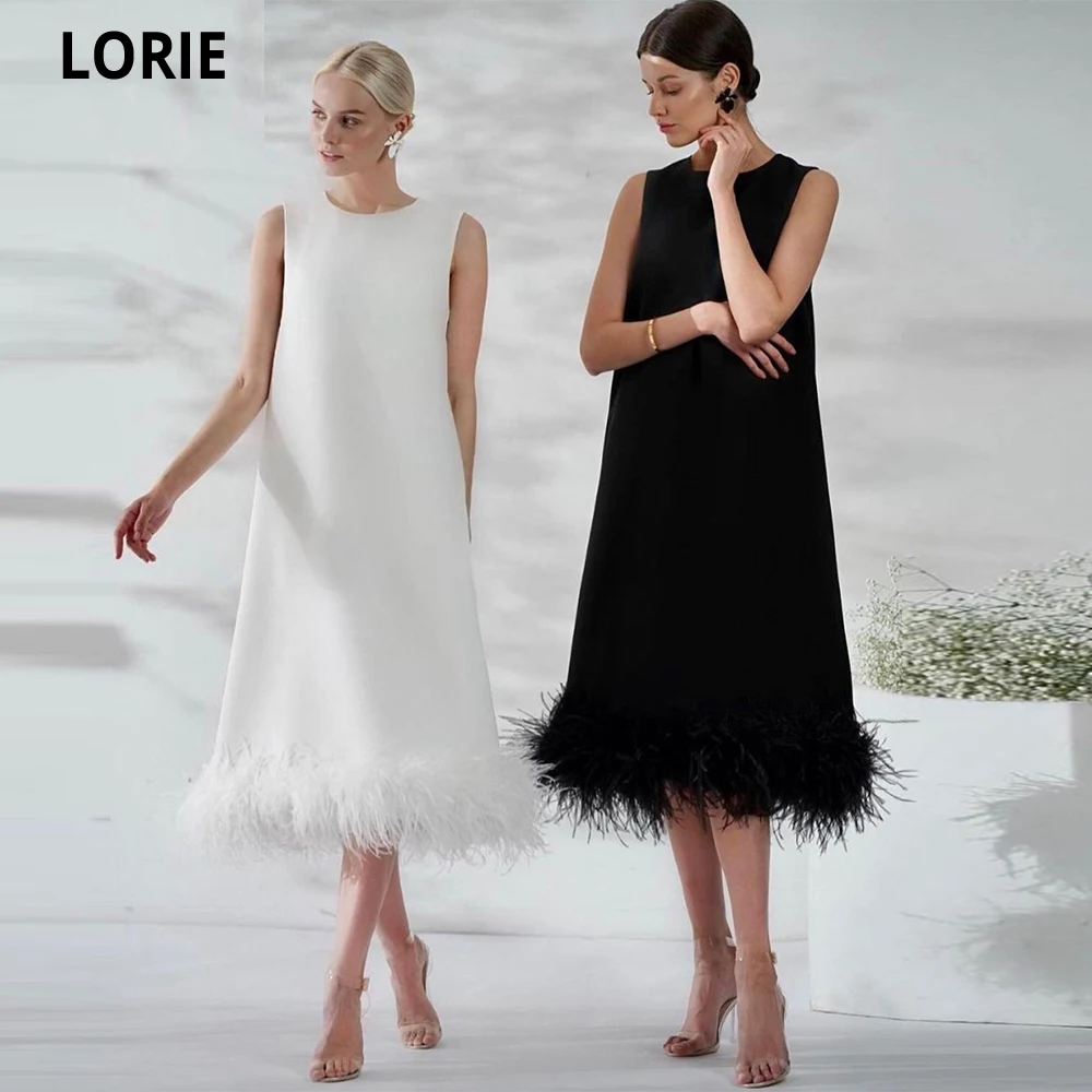 LORIE 2021ซาอุดีอาระเบียสีดำพรหม O คอกลับปรับโบว์ซาติน Feather ชาความยาวตรงชุดราตรี