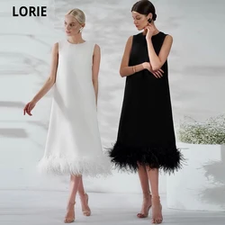 LORIE 2021 Saudi Arabia Black Prom Dresses O Neck Hollow Back adjustable Bow Satin Feather Tea Length Straight Evening Gowns