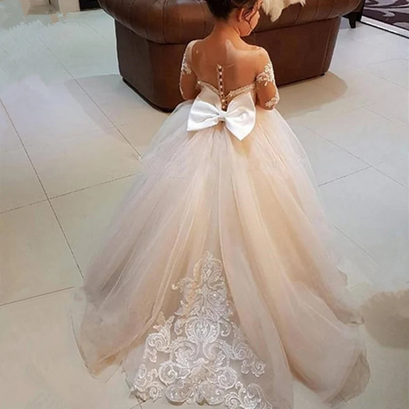 Elegant Flower Girl Dresses Lace Applique Half sleeve Tulle O-Neck Girls First Communion Dress For Ceremony Birthday Party Dress