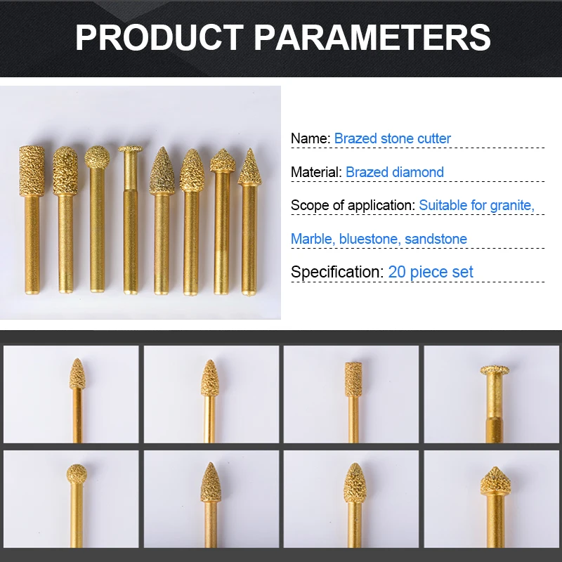 UCHEER 1set/20pcs Stone Engraving Router Bits Marble Granite for CNC Machine Carving Tools golden