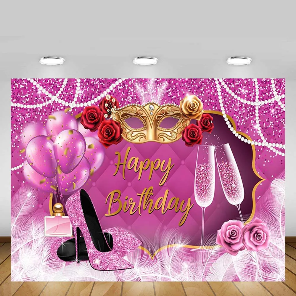 Mehofond Pink Happy Birthday Backdrop Women's High Heels Balloon Champagne Party Photography Background Photo Studio Decor Props