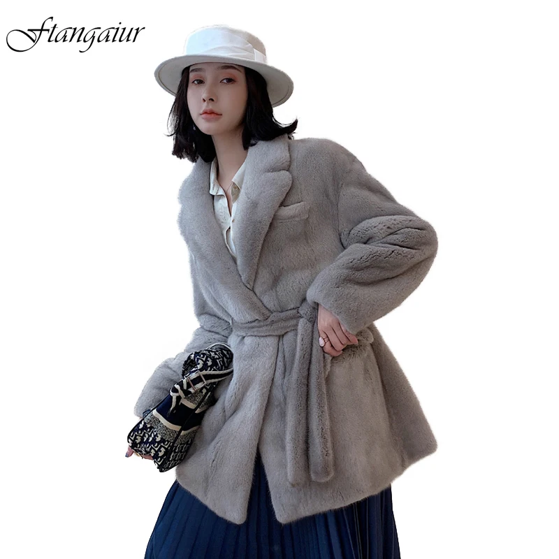 

Ftangaiur New Winter Import Velvet Mink Fur Coat For Femal Pure Color Sashes Natural Fur Coat Women Loss Real Mink Fur Coats