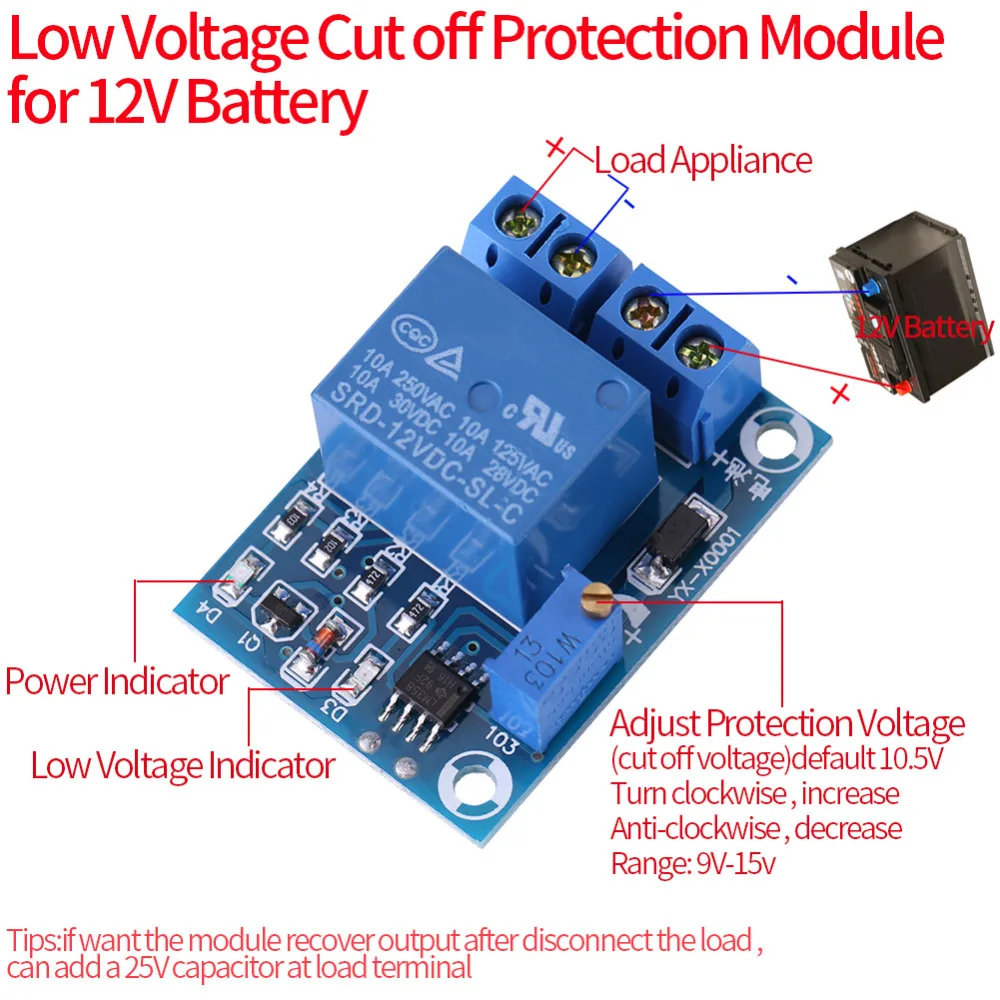 DC 12V Battery Undervoltage Low Voltage Cut off Automatic Switch Recovery Protection Module Charging Controller Protection Board
