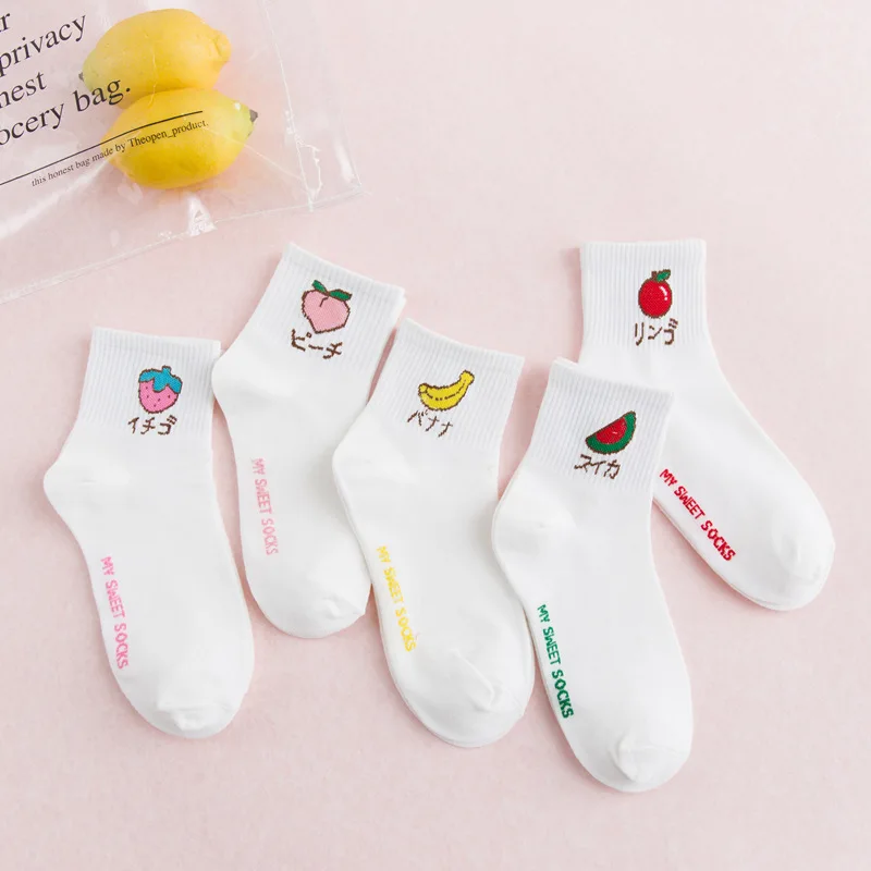 Skarpetki damskie Cute Art Cartoon owocowy haft brzoskwinia truskawka arbuz banan wzór skarpety krótkie Harajuku śmieszne Meias