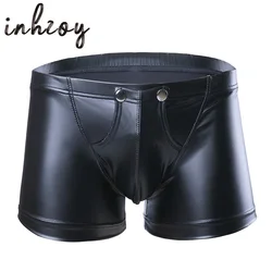 Men's Faux Leather Wetlook Bugle Pouch Press Buttons Booty Boxer Shorts Knickers Latex Underpants Hombre Underwear Sexy Clubwear