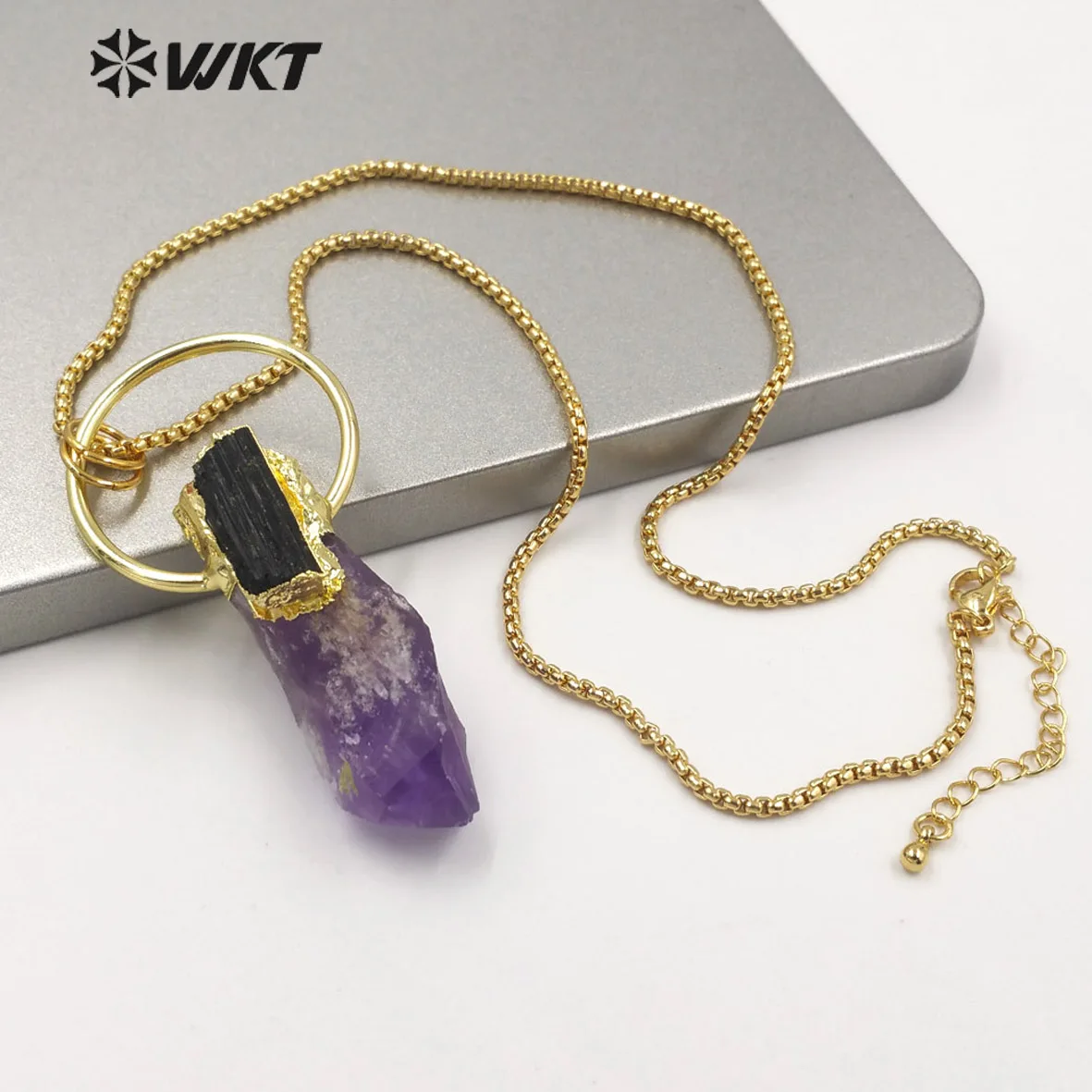 WT-N1266 Gorgeous Beauty Necklace Amazing Purple A-methyst Point With Black Tourmaline Charm Necklace 18inch Box Chain