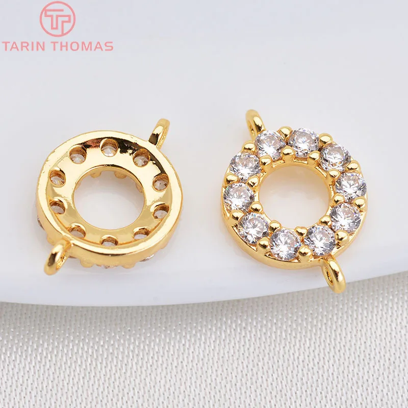 (1851)4PCS 24K 골드 컬러 도금 황동 지 르 콘 라운드 원형 2 구멍 커넥터 매력 펜 던 트 쥬얼리 액세서리