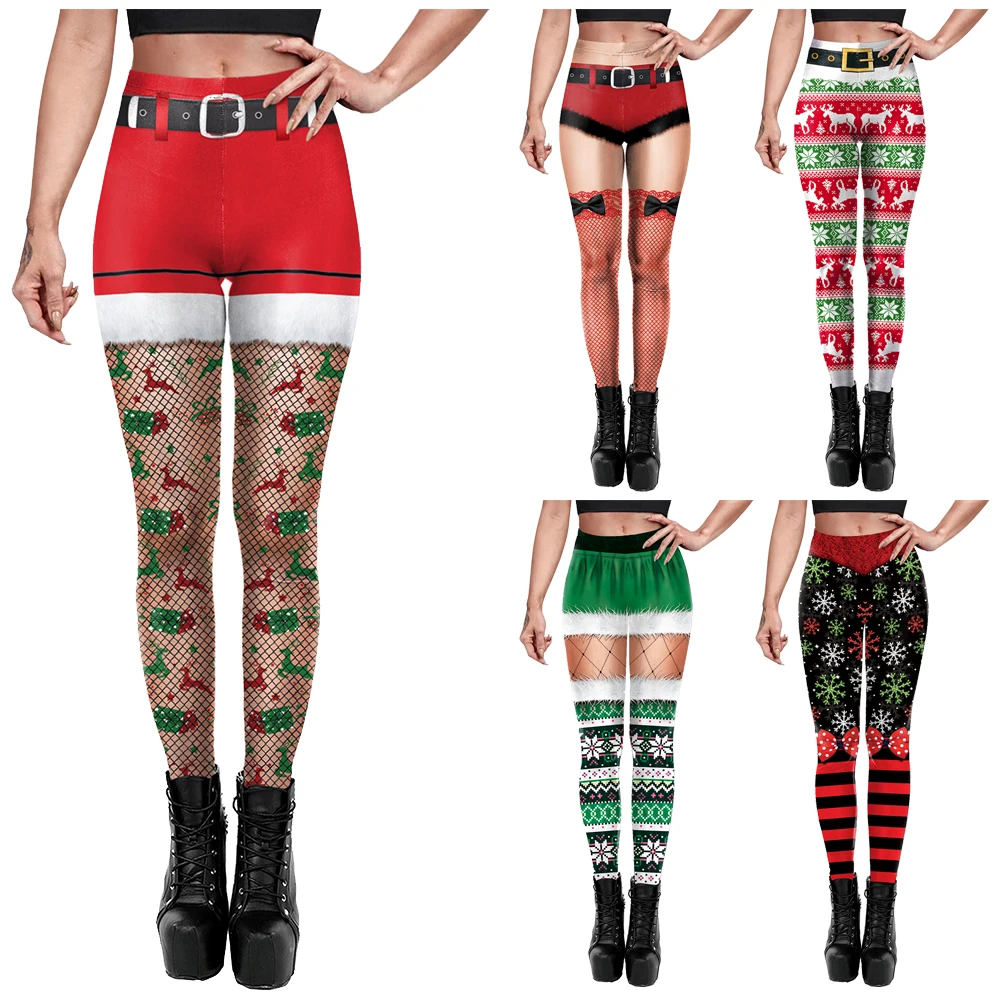 VIP FASHION Women Christmas Print Pajama Costume Adult Stretchy Fitness High Waist Trousers Female Xmas Pants