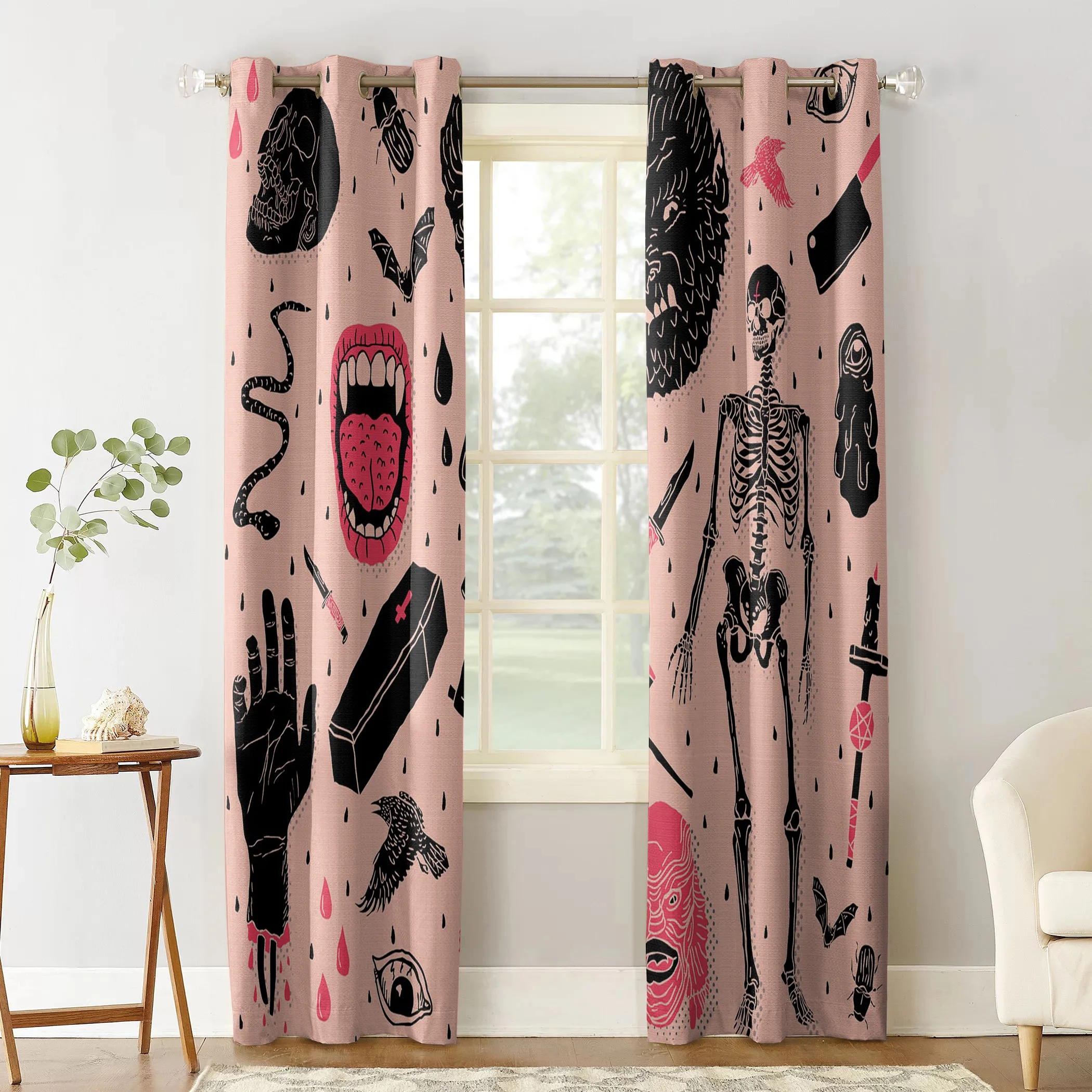 Whole Lotta Horror Skull Bones Room Curtains Large Window Bedroom Outdoor Drapes Fabric Decor Kids Curtain Panels With Grommets