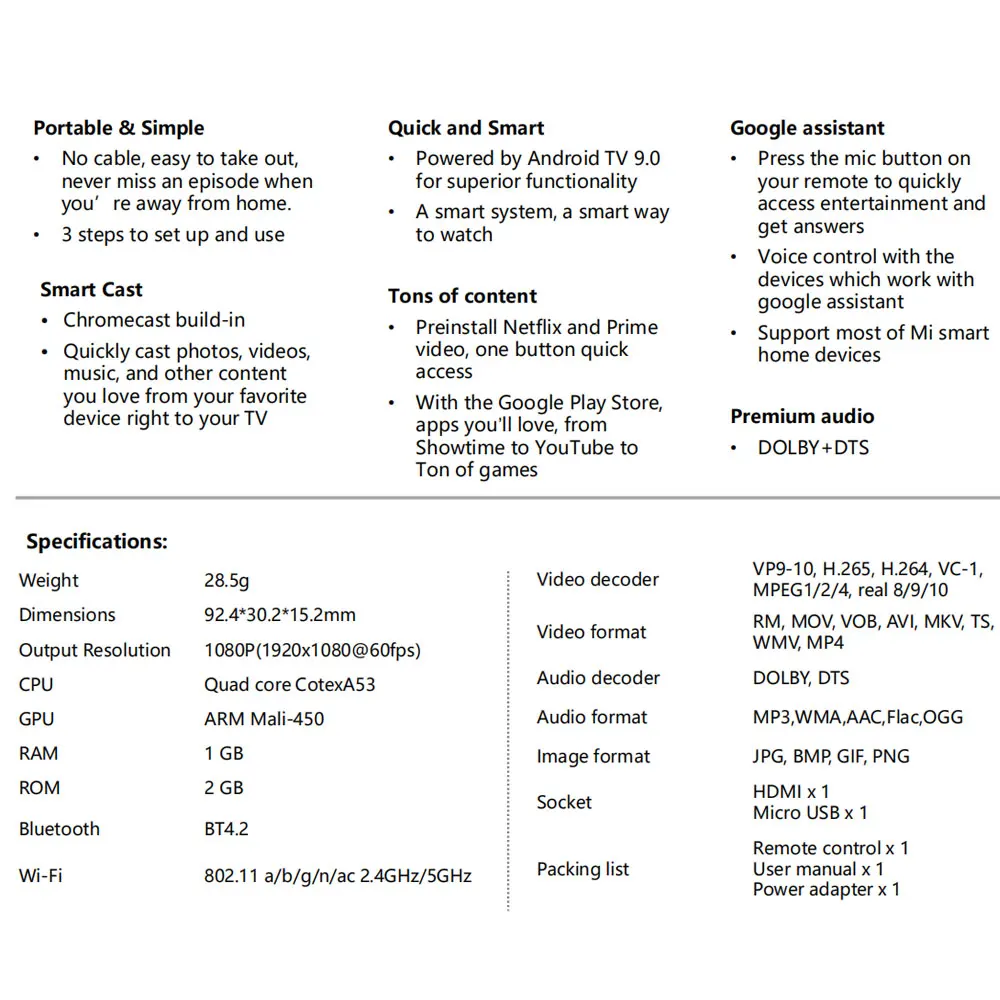 Global Xiaomi Mi TV Stick Android TV 9.0 Quad-core 1080P Dolby DTS HD Dual Decoding 1GB RAM 8GB ROM Google Assistant Netflix