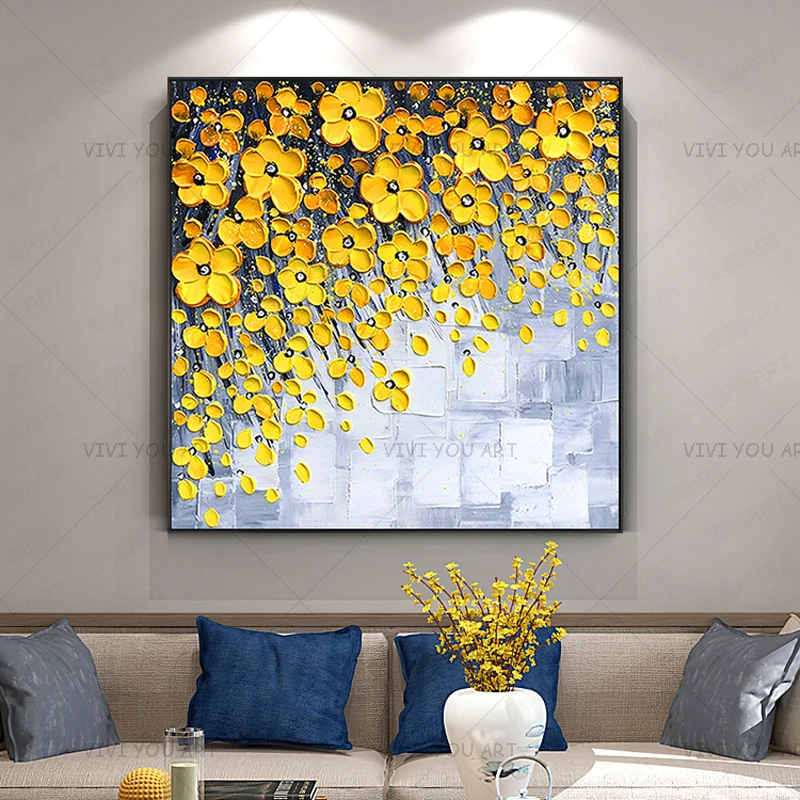 Imagem -06 - Pintura Pintada à Mão Moderna na Parede da Lona Flores Bonitas Cinza Branco Amarelo Quadro para Sala de Estar Decoração Home Presente Novo