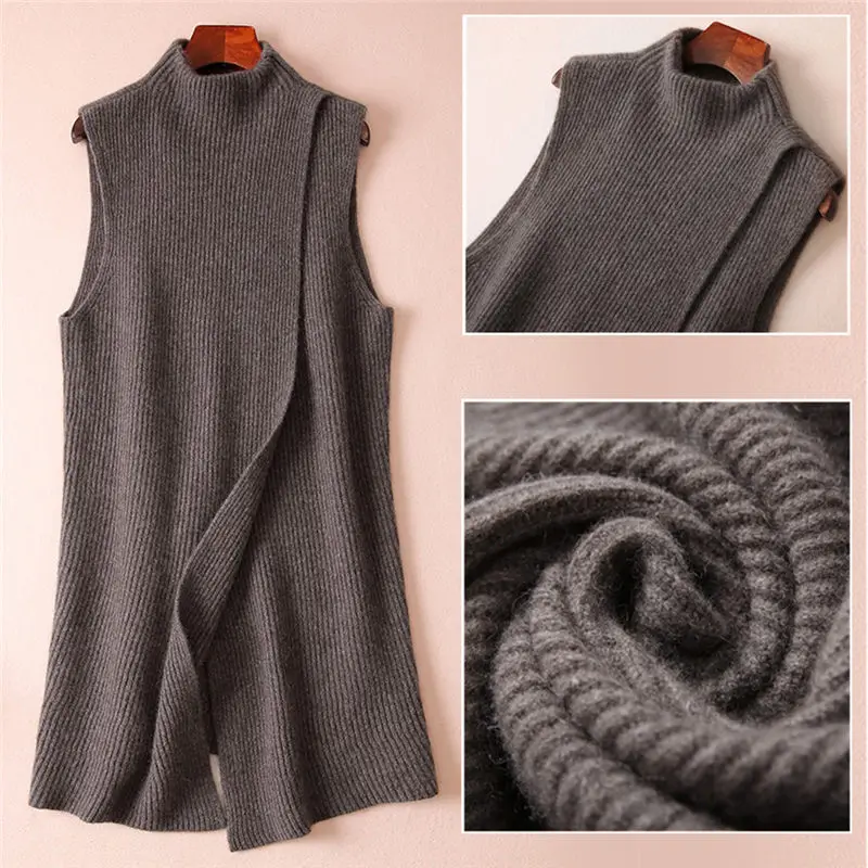 Korean Autumn And Winter Cashmere Knitted Vest Women\'s Mid-Length Loose Waistcoat Sleeveless Sweater Stand Up Collar Tops M859