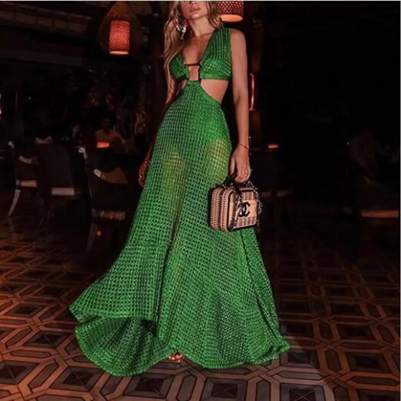 Fashion Women\'s Dresses Bohemian Women Grid Big Swing Sexy V Neck Sleeveless Dress Long Skirt Floor Length Two-piece Suit