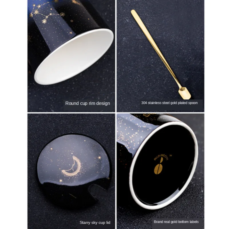 1pcs Ceramic Mugs 12 Constellations Creative Mugs With Spoon Lid Gold Starry Sky Porcelain Zodiac Milk Coffee Cup Drinkware