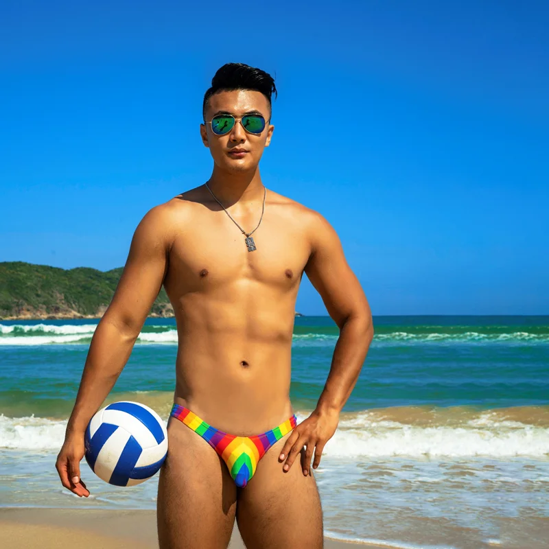 

LH2 Rainbow sexy low waist tight men swimwear half pack hip bikinis hot gay men thong swimsuits swim trunks briefs bathing suits