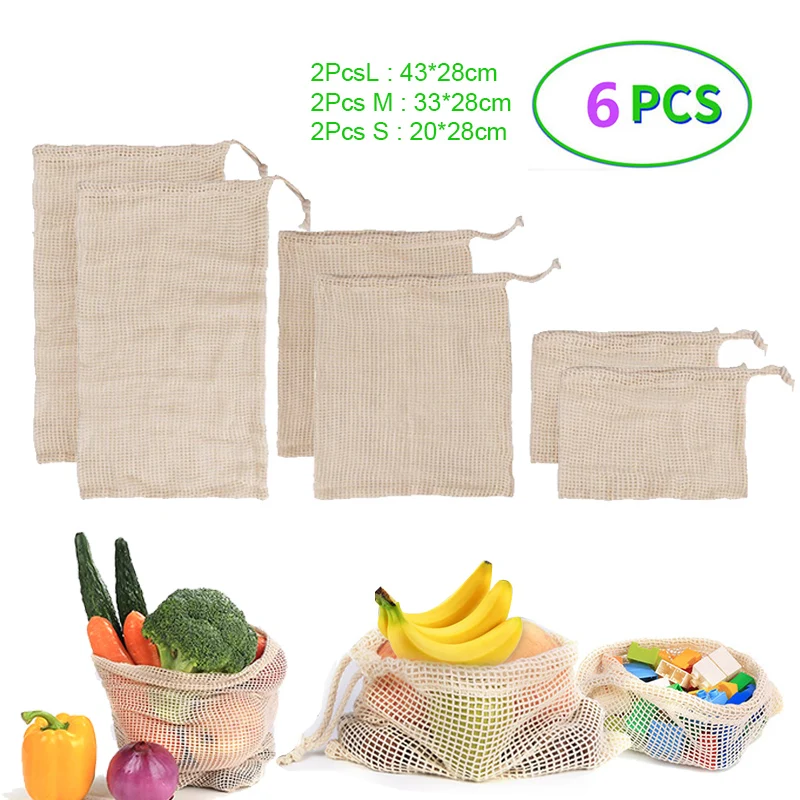 6Pcs Reusable Vegetable Bag Washable Cotton Mesh Bag Eco String bags For Vegetable Fruit Shopping kitchen Storage and Organizer