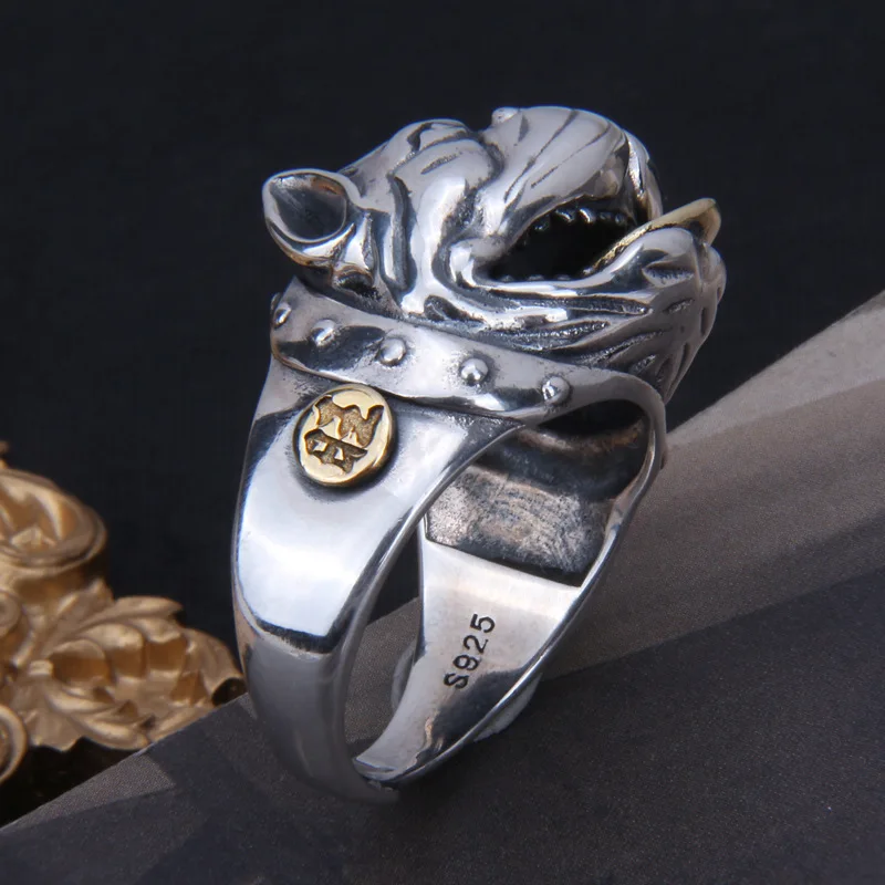 Real s925 sterling silver dog prosperous ring male retro Thai silver zodiac dog ring tongue can swin