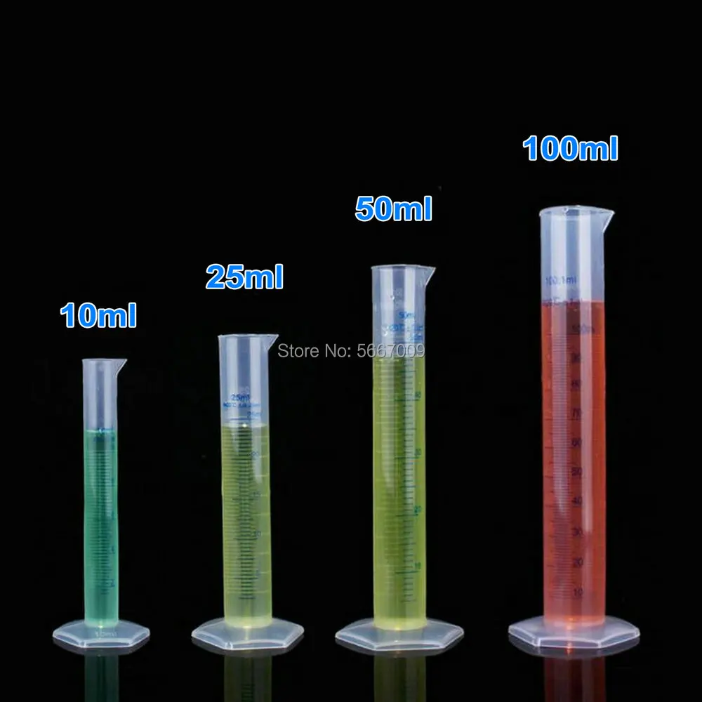 

4 шт./набор (10 мл, 25 мл, 50 мл, 100 мл) лабораторный пластиковый мерный цилиндр с белой и синей двойной линией