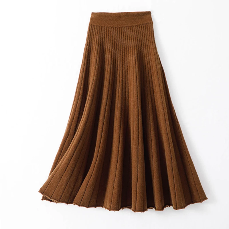 Solid Color Female Long Vintage WOOL Pleated Skirt Women Autumn Winter Elegant Fashion Ladies High Waist A line Skirt