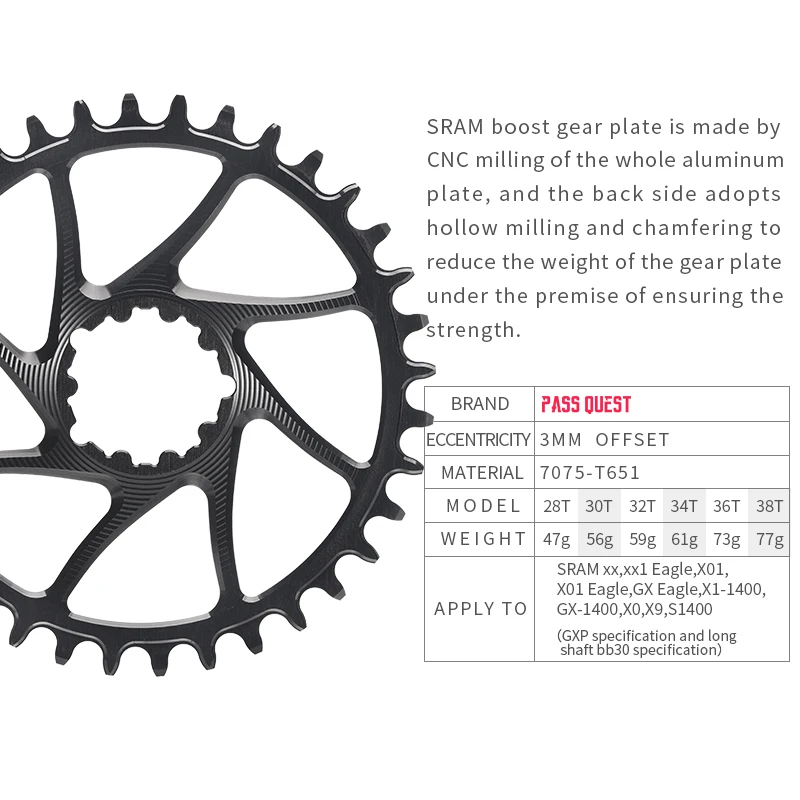 Silver For SRAM Gx xx1 Eagle GXP 3mm Offset PASS QUEST Crankset MTB Narrow Wide Chainring 28T 30T 32T 34T 36T 38T Chainwheel