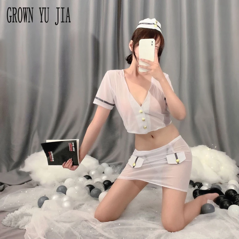 

Sexy Role Play Perspectivity Mini Dress Police Uniform Sexy Skirt for Sex Cosplay Erotic Costume Porno Stewardess Tulle Lingerie