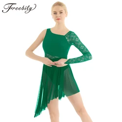 Women Lyrical Dance Costumes Single Long Sleeve Asymmetrical Lace Figure Skating Dress Adults Gymnastics Ballet Leotard
