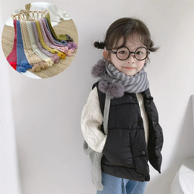 Autumn and winter Korean version of INS shawl Bib imitation cashmere stripe hanging ball boys and girls wool ball scarf