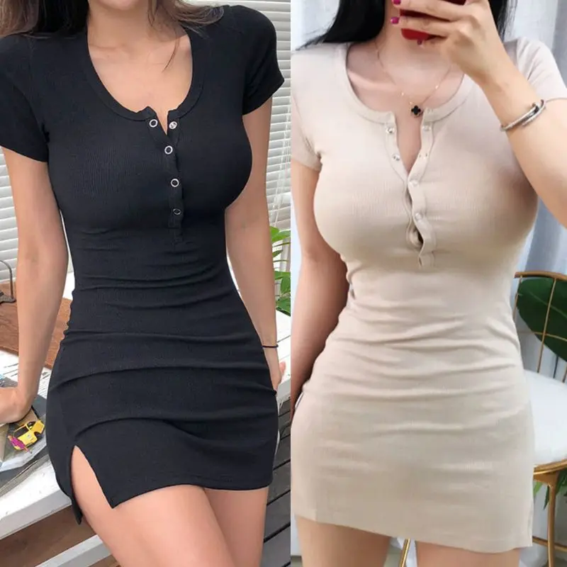 

Women Summer Short Sleeve Split Ribbed Knit Bodycon Mini Blouse Dress A-Line Sexy Buttons Empire Waist T-Shirts Clubwear