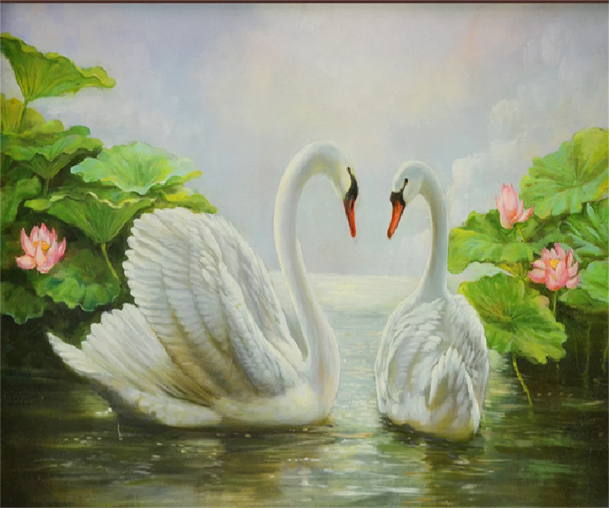 

Chinese style new lotus pond swan oil painting art background painting hotel teahouse background wall decoration wallpaper