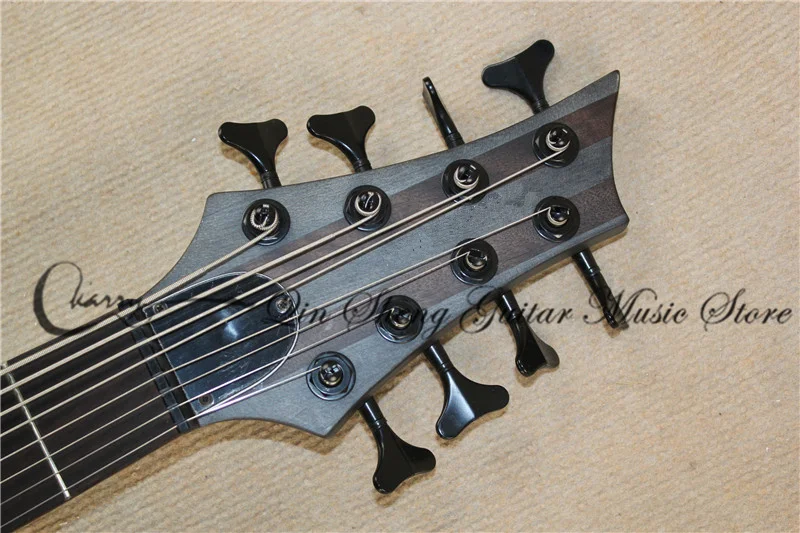 8 strings mong black bass guitar,5 pieces maple neck set in ASH wood body,864 mm, black tuners fixed bridge