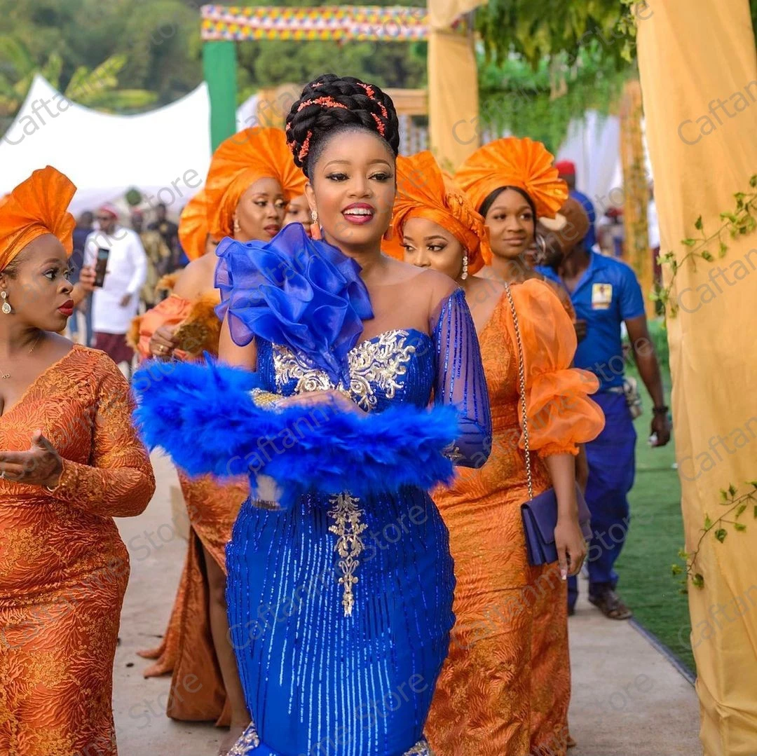 Luxe Royal Blue Afrika Avondjurken Mermaid Plus Size Lange Mouwen Applicaties Aso Ebi Prom Partij Jassen 2021