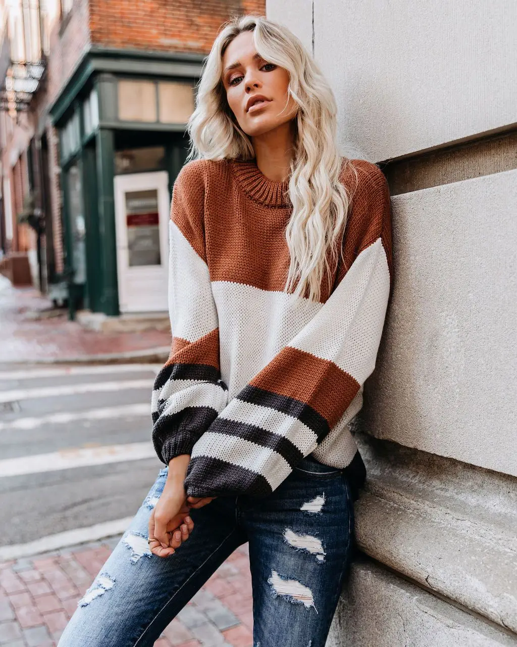 Sweaters Women 2021 Fashion Stripe Loose Zipper Knitting Sweaters Vintage Long Sleeve Female Pullover Tops